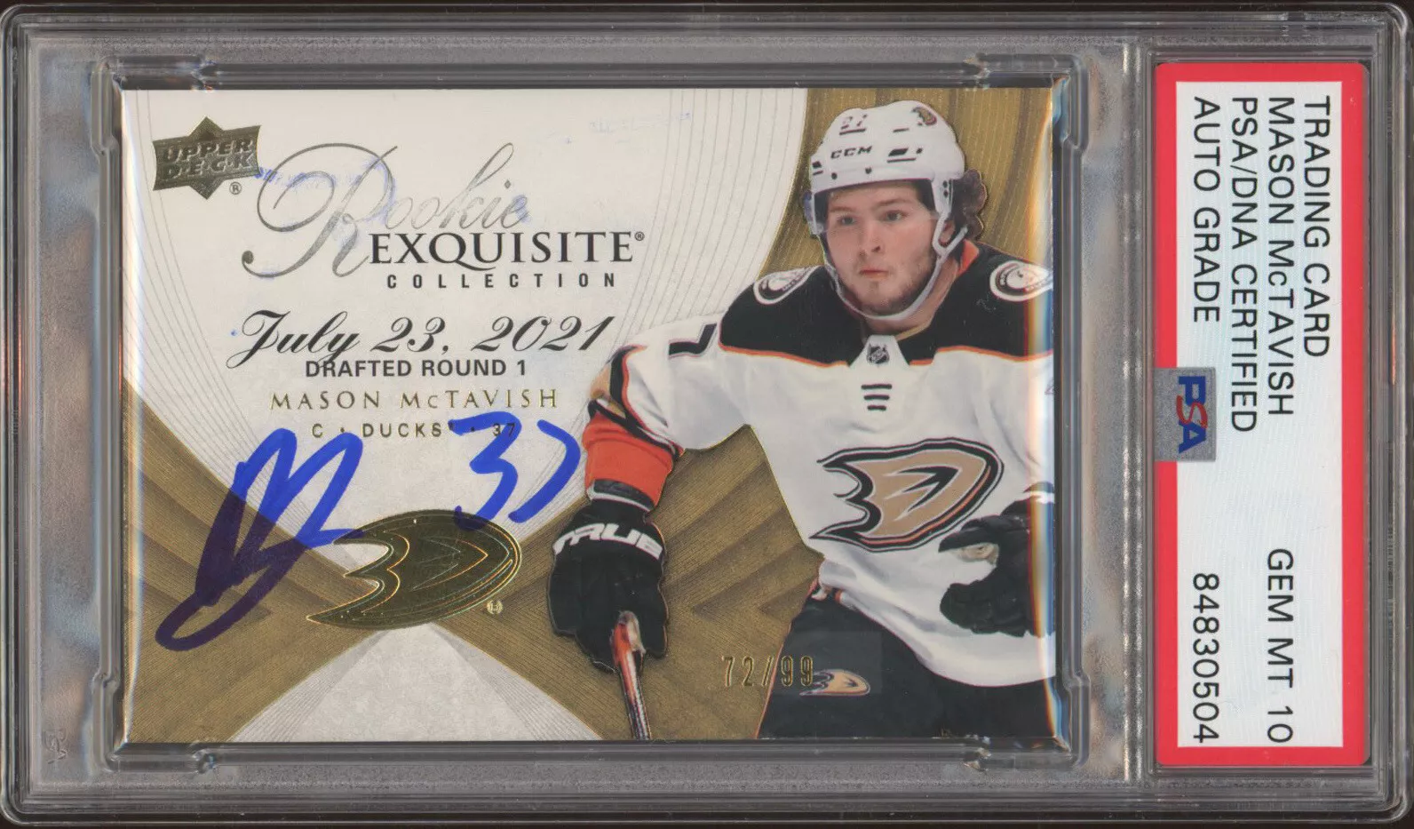 2021 UD Black Diamond Mason McTavish Exquisite Rookie Gold /99 Psa GEM 10 AUTO