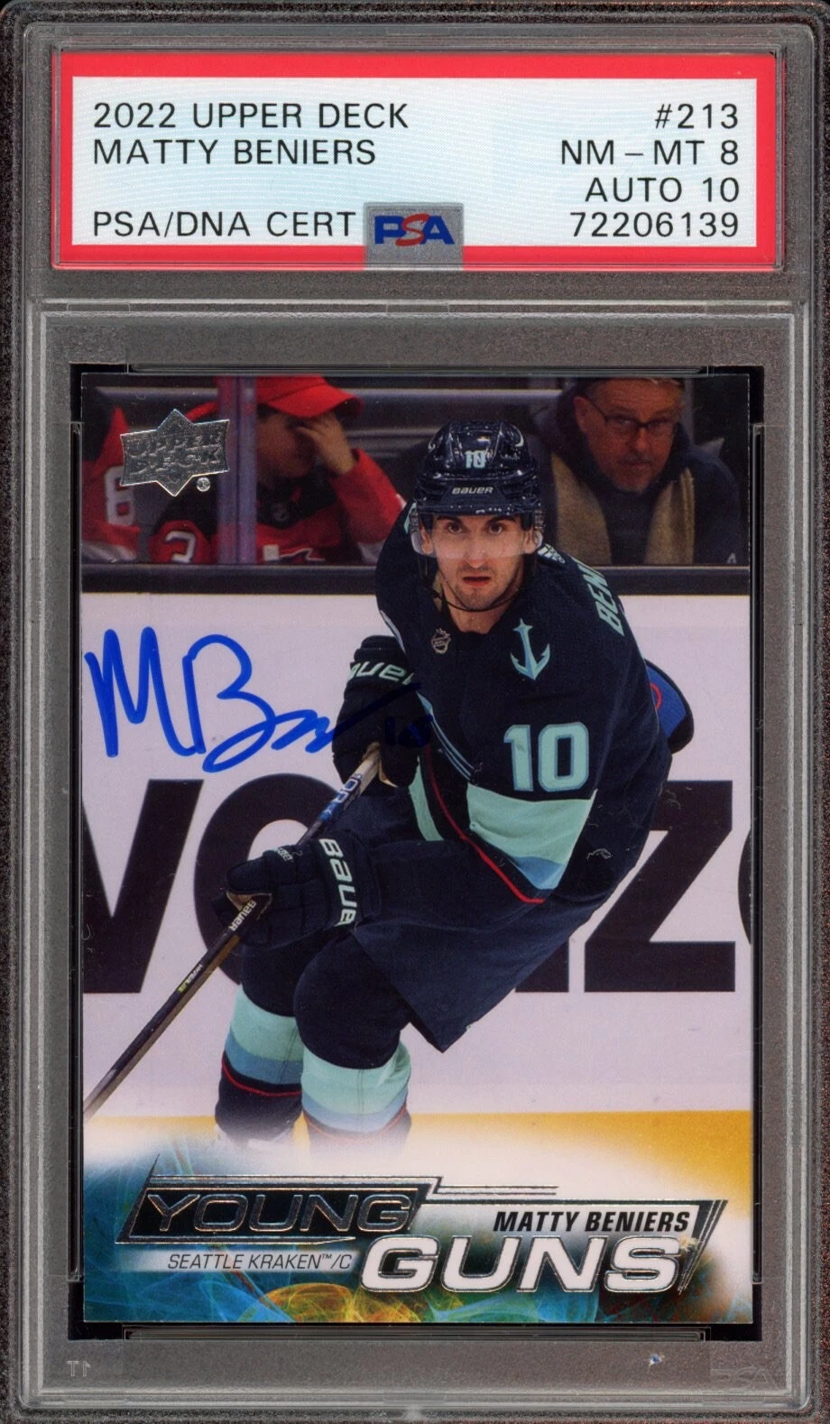 Matty Beniers Signed 2022 Upper Deck Young Guns RC Card #213 Psa 8/GEM 10 AUTO