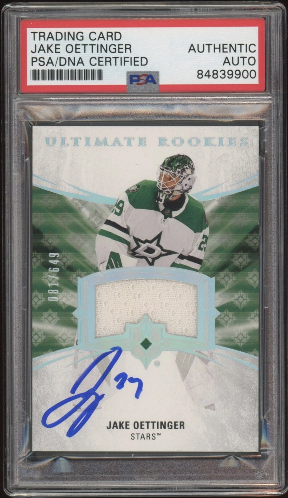 Jake Oettinger Signed 2020 Upper Deck Ultimate Rookie Jersey RPA /649 #188 Psa