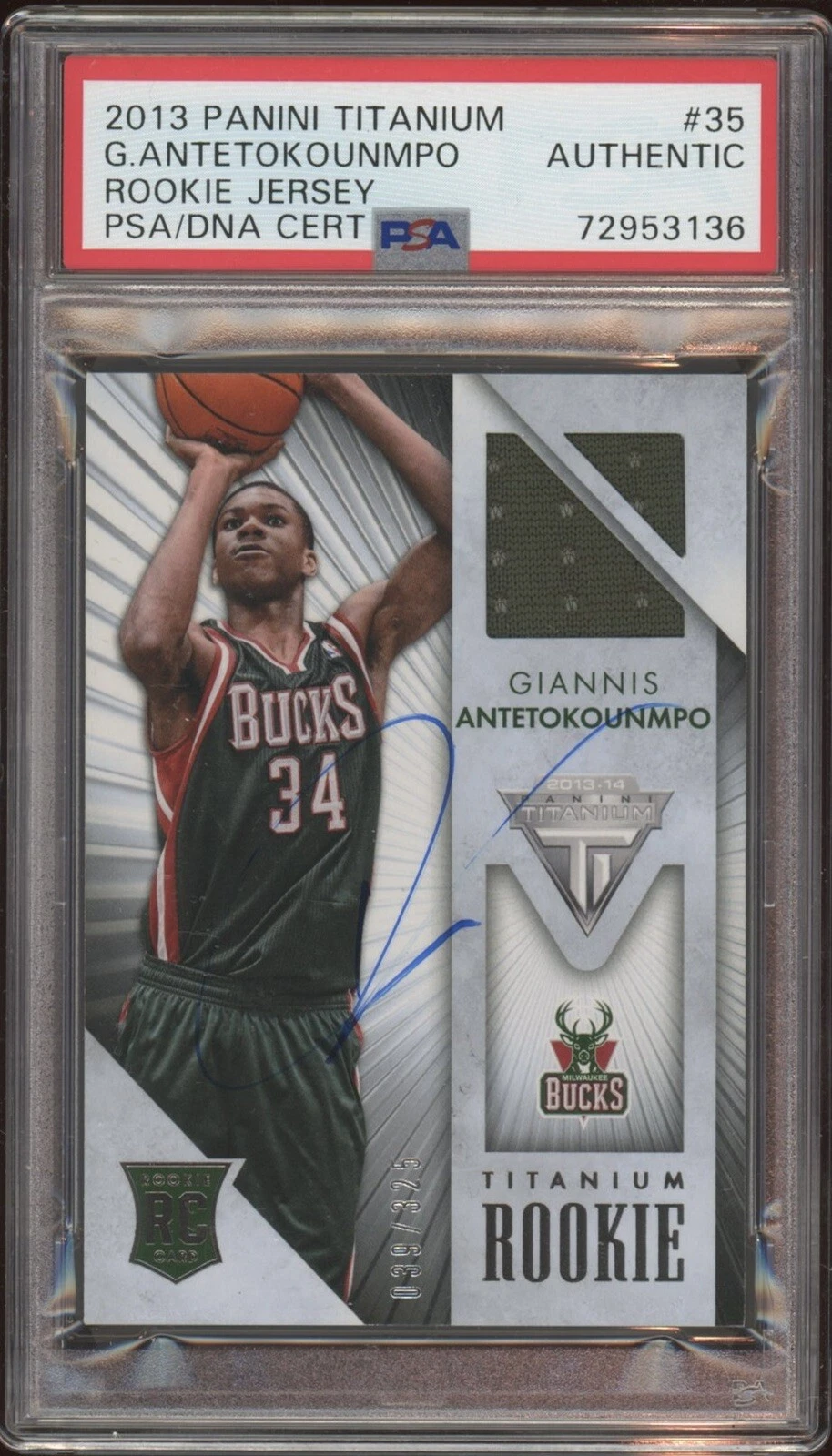 2013 Panini Titanium Giannis Antetokounmpo Rookie Jersey Card Auto RPA /325 Psa