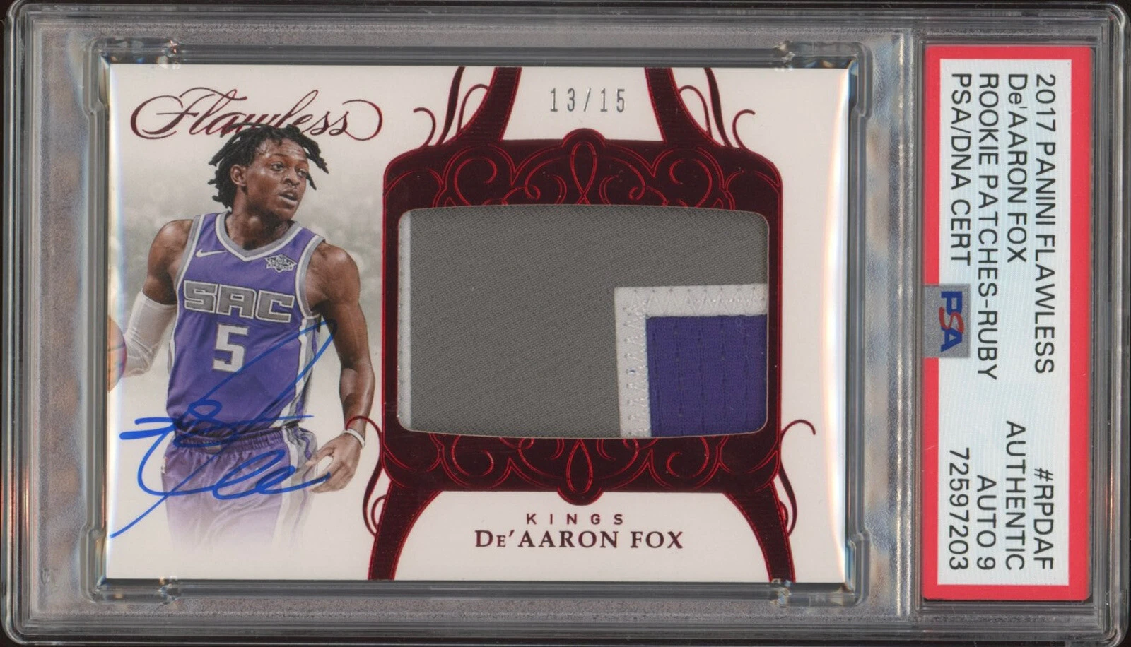 2017 Panini Flawless De’Aaron Fox Rookie Patches RPA Ruby /15 Psa MINT 9 AUTO RC