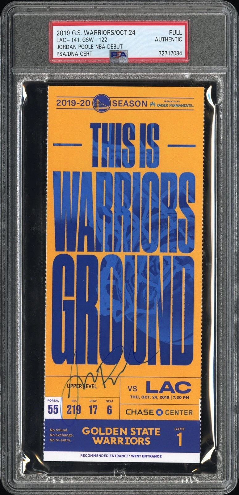 Jordan Poole Signed NBA DEBUT Full Ticket Stub Auto Psa/Dna 10/24/2019 Warriors