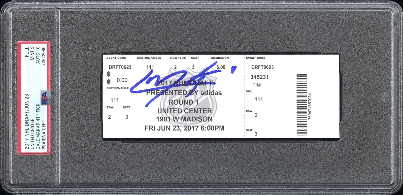 Cale Makar Signed 2017 NHL Draft 4th Pick Ticket Stub Psa MINT 9/GEM MT 10 AUTO