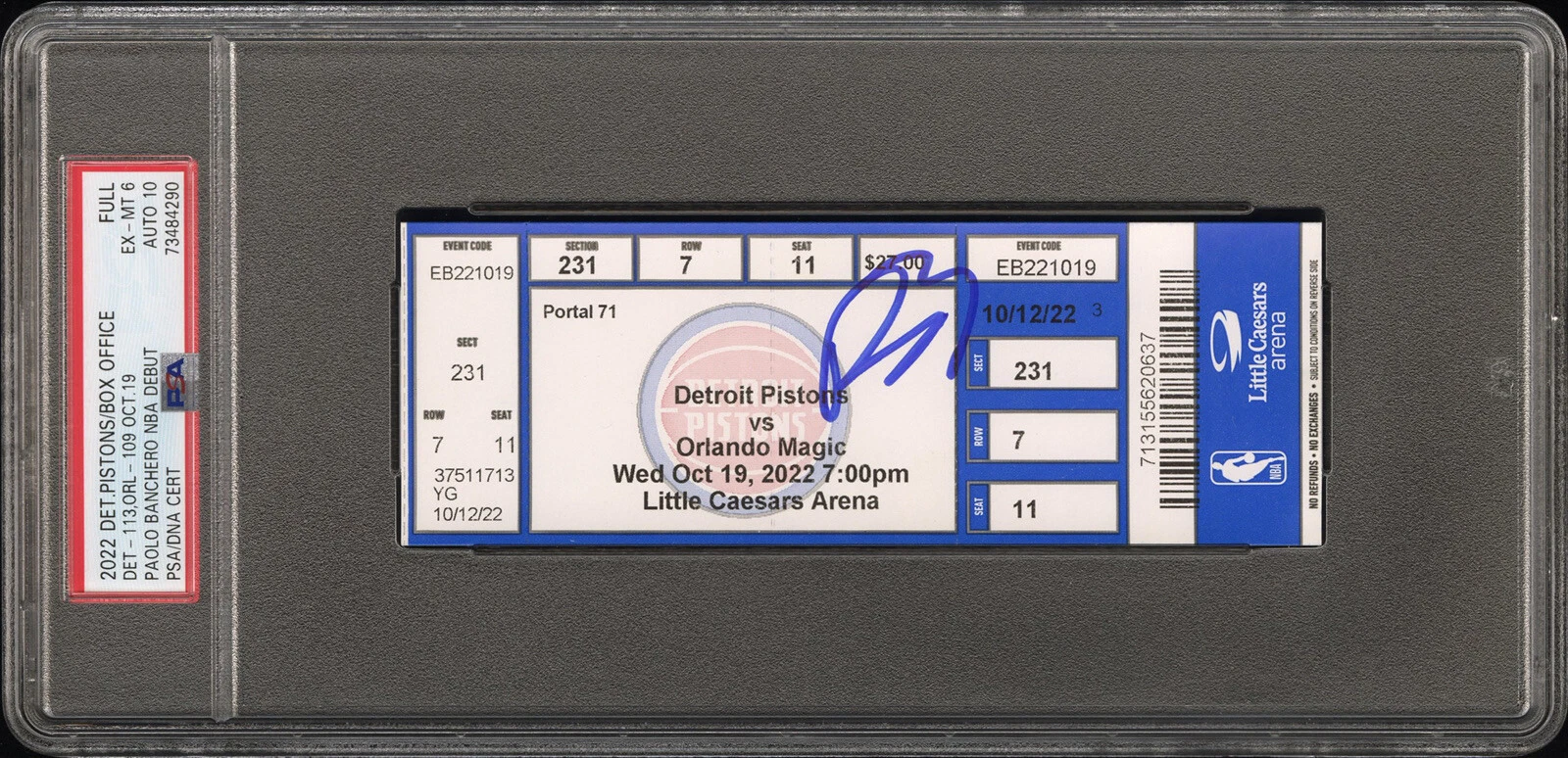 Paolo Banchero Signed NBA DEBUT Full Ticket Stub Psa 6/GEM MINT 10 AUTO 10/19/22