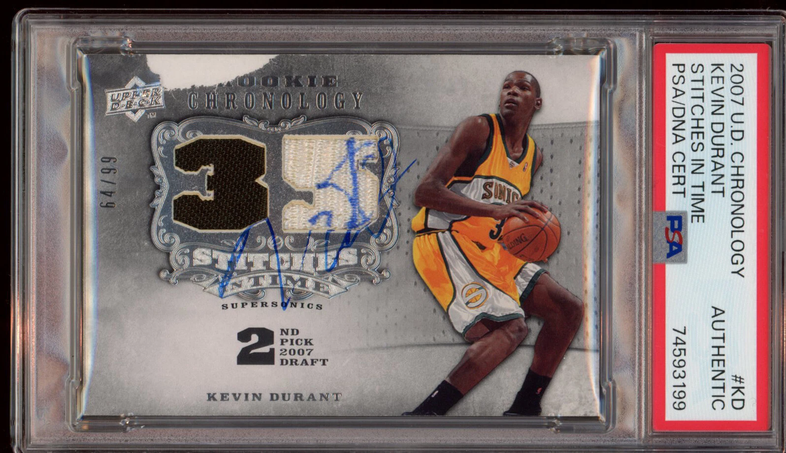 2007 U.D. Chronology #KD Kevin Durant Rookie Stitches In Time Auto RPA /99 Psa