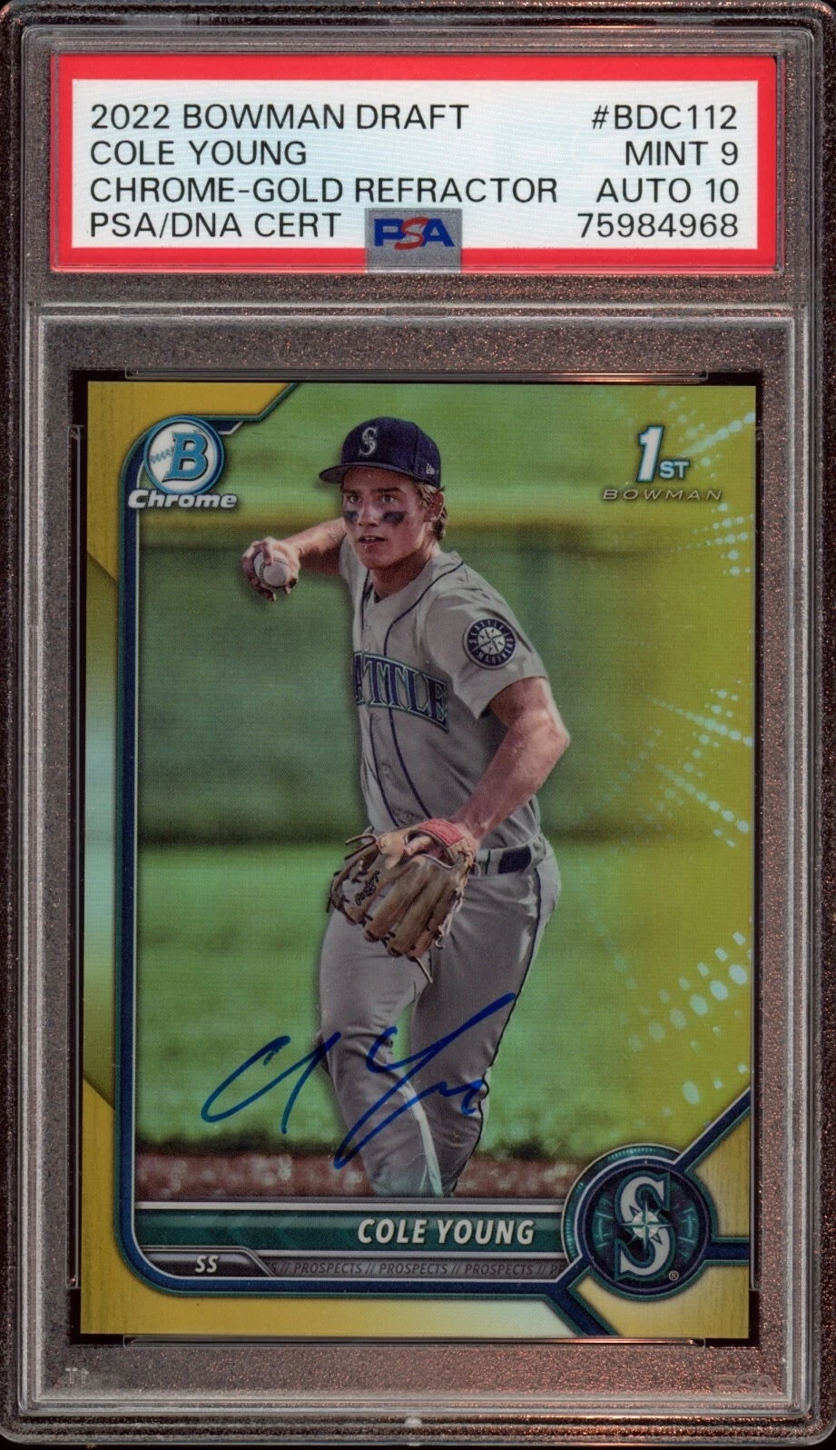 2022 Bowman Chrome Draft Cole Young Gold Refractor Auto /50 Psa MINT 9/GEM MT 10