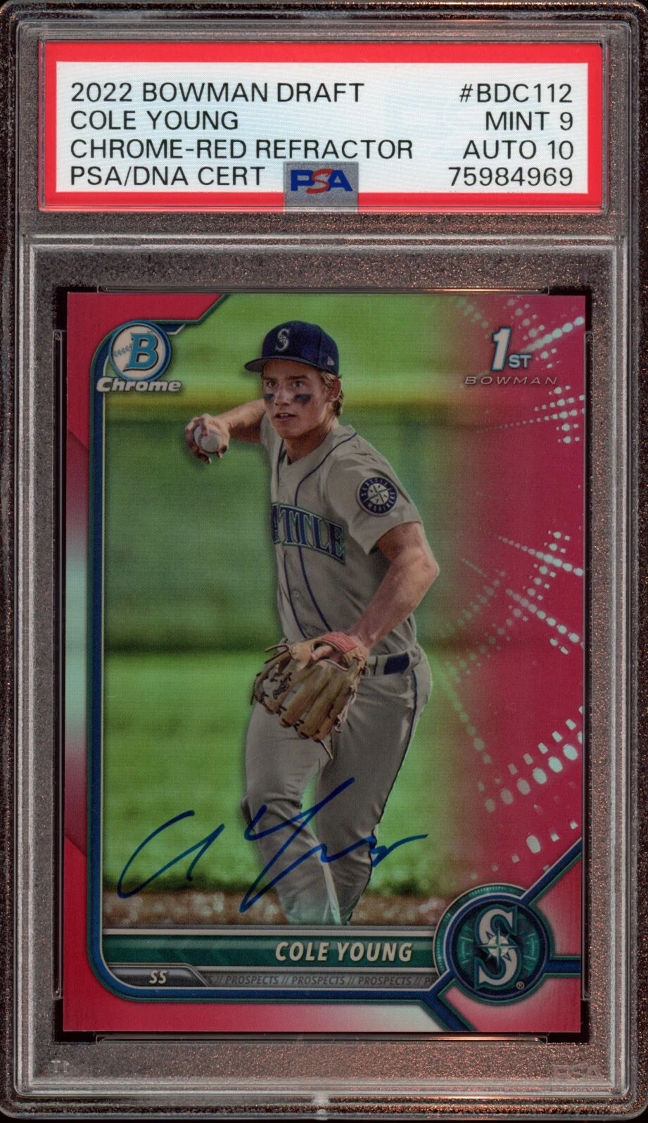 2022 Bowman Chrome Draft Cole Young Red Refractor Auto /5 Psa MINT 9/GEM MINT 10