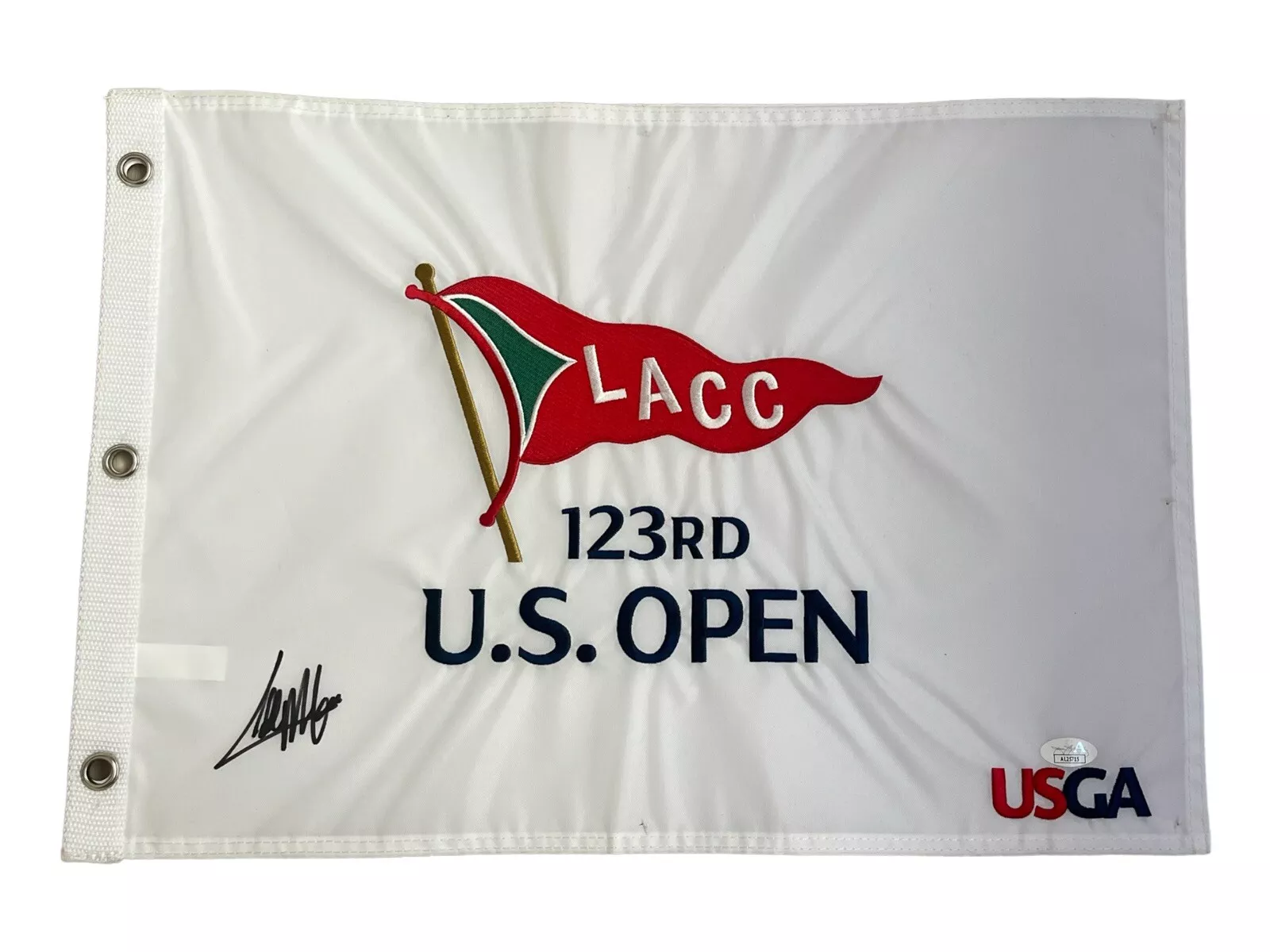 Collin Morikawa Signed 2023 123rd US Open Championship Pin Flag JSA 2024 MASTERS