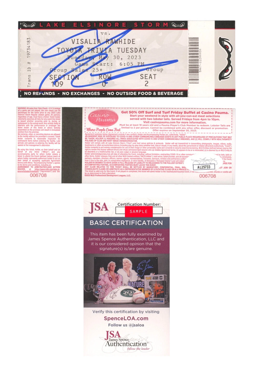 Ethan Salas Signed Auto Pro Debut Full Ticket Stub 5/30/2023 Padres JSA Coa