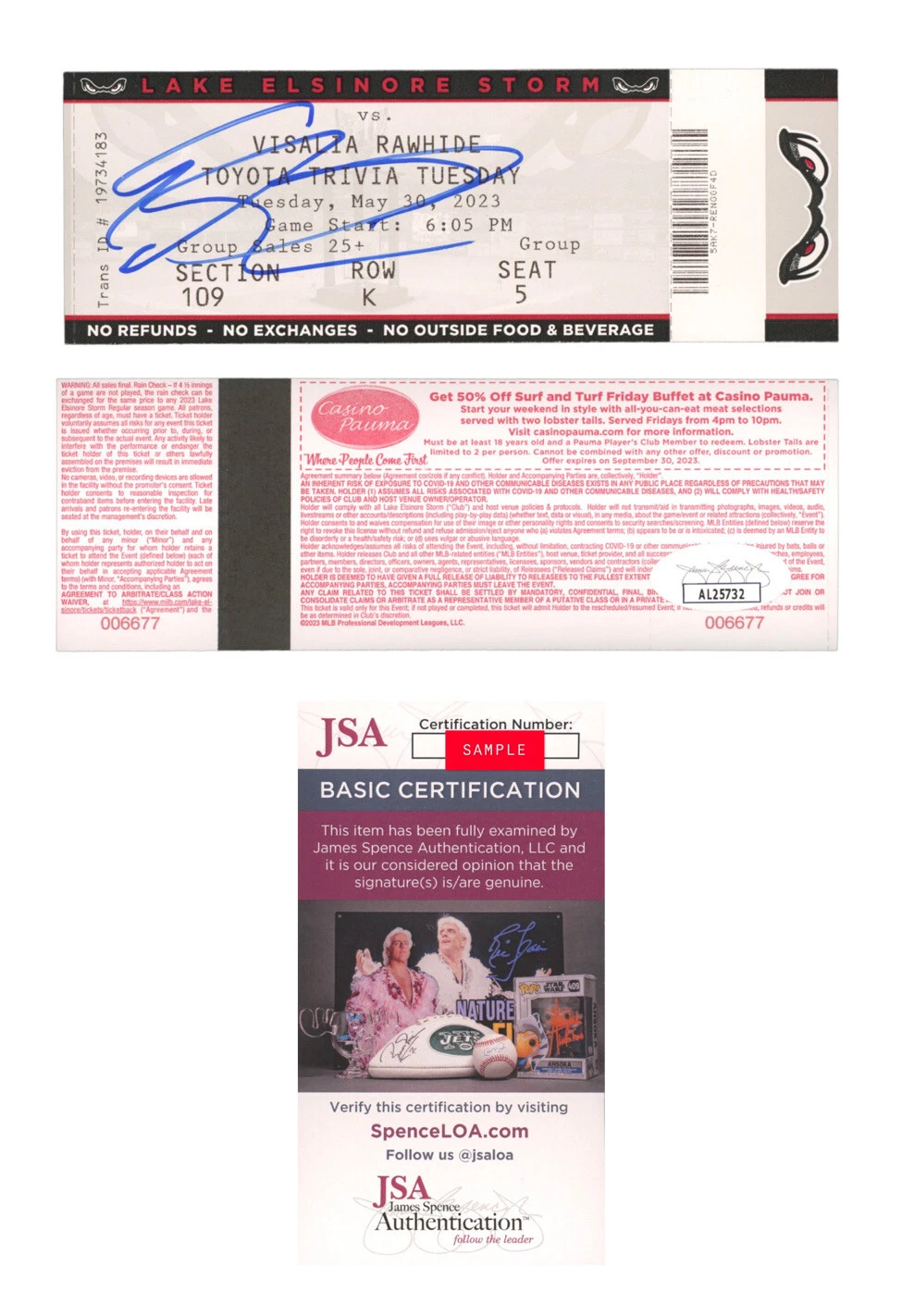 Ethan Salas Signed Auto Pro Debut Full Ticket Stub 5/30/2023 Padres JSA Coa