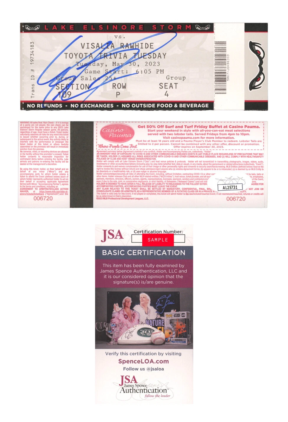 Ethan Salas Signed Auto Pro Debut Full Ticket Stub 5/30/2023 Padres JSA Coa