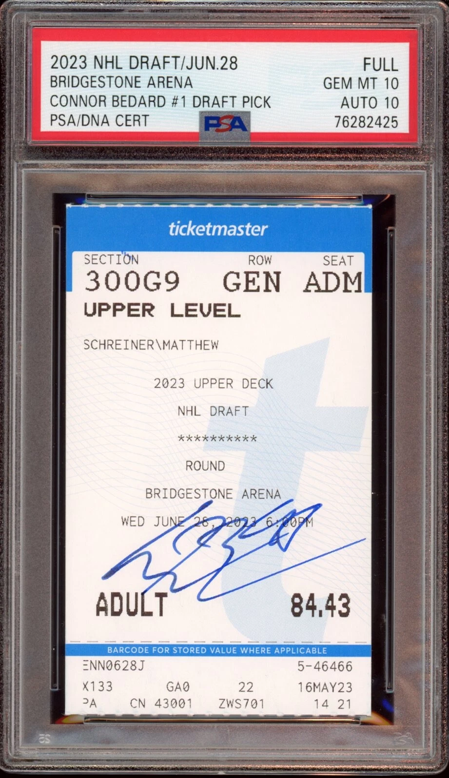 Connor Bedard Signed 2023 NHL Draft Full Ticket #1 Pick Psa GEM MINT 10/AUTO 10