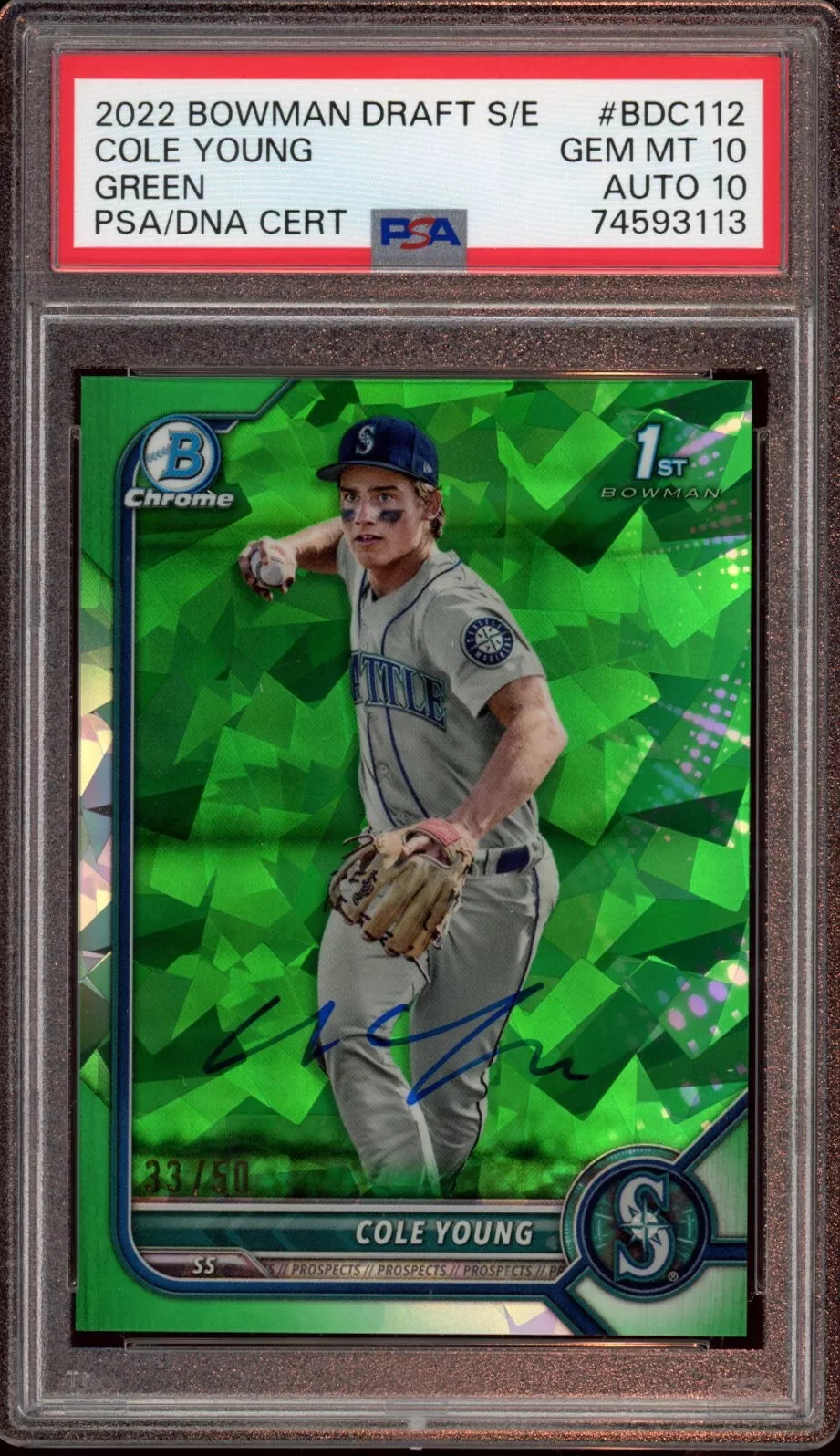 2022 Bowman Chrome Draft Cole Young Green Sapphire Auto /50 Psa GEM MINT 10/10