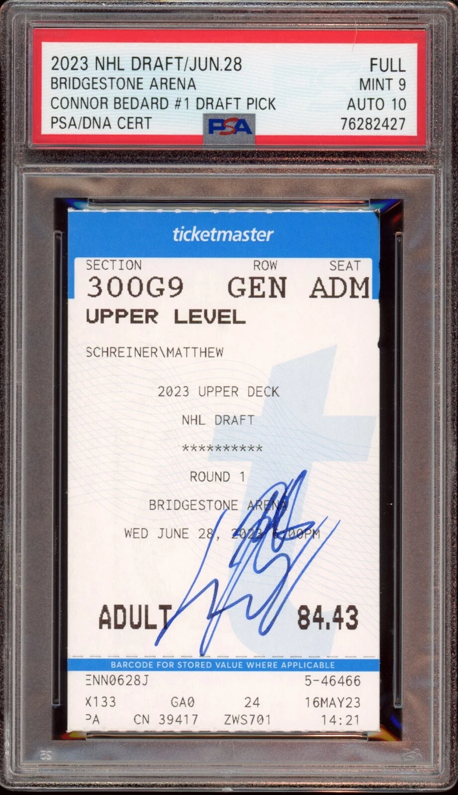 Connor Bedard Signed 2023 NHL Draft Full Ticket Stub #1 Pick Psa MINT 9/AUTO 10