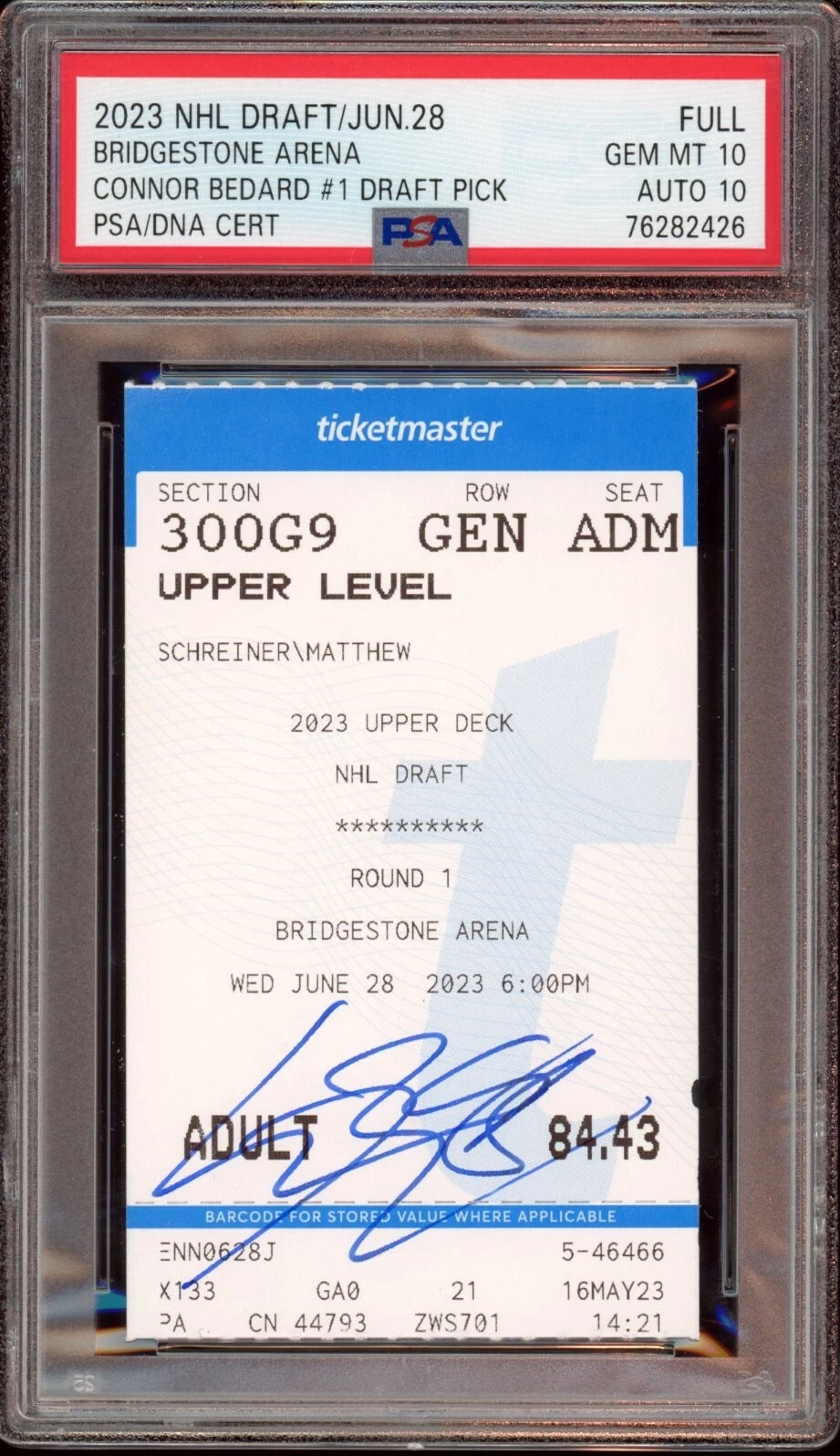 Connor Bedard Signed 2023 NHL Draft Full Ticket #1 Pick Psa GEM MINT 10/AUTO 10