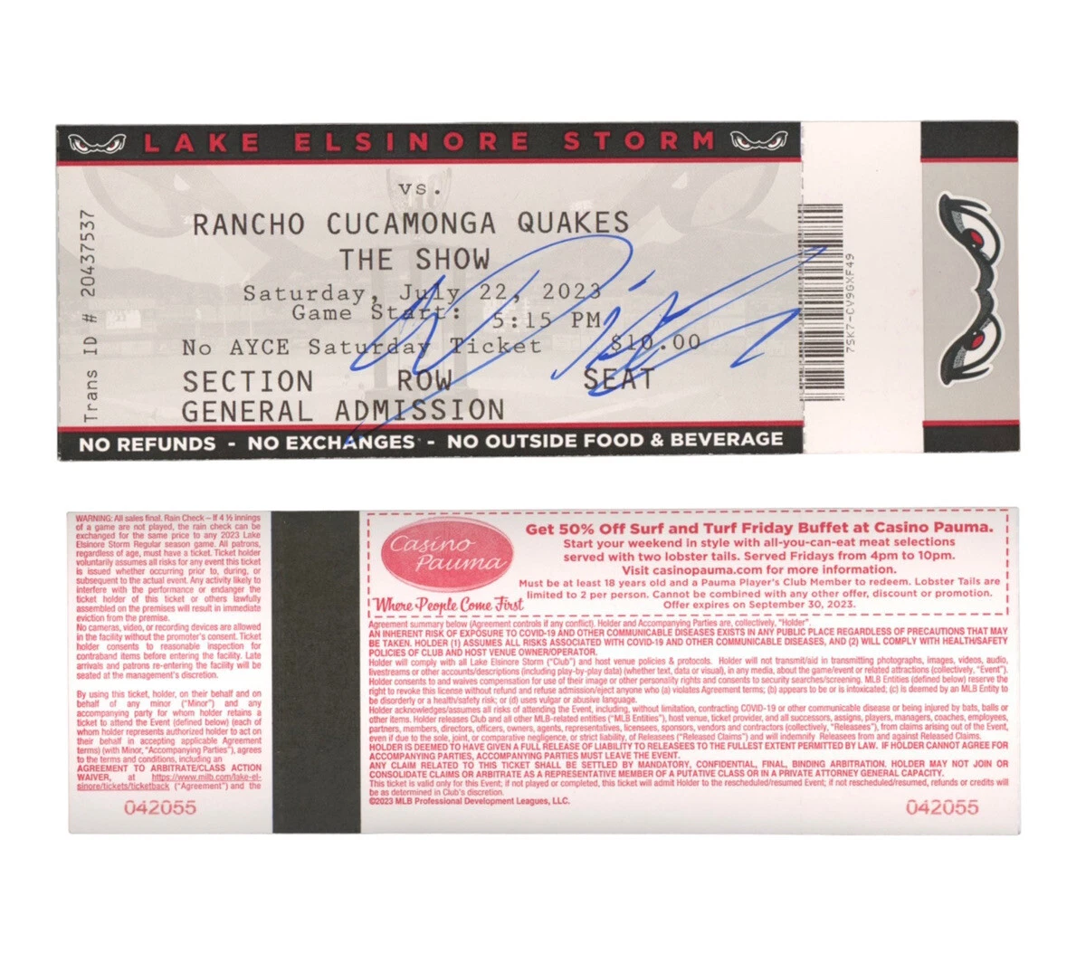 Wilman Diaz Signed Autograph Full Ticket Stub 7/22/23 Dodgers Prospect RC Quakes