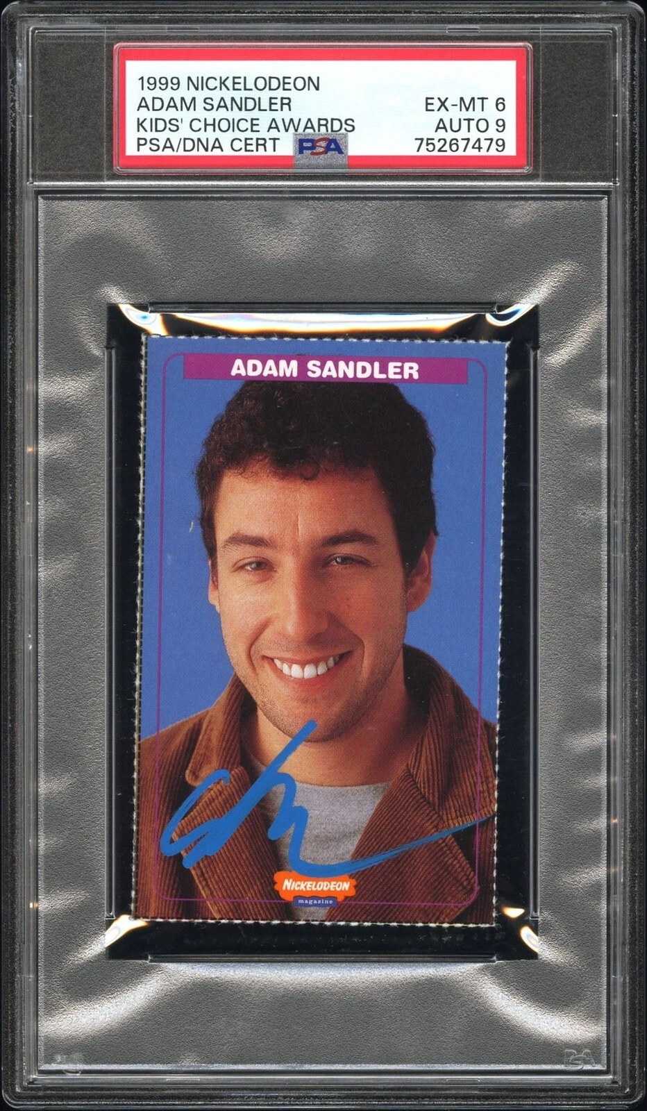 Adam Sandler Signed 1999 Nickelodeon Kids Choice Awards Rookie Card PSA 6/AUTO 9