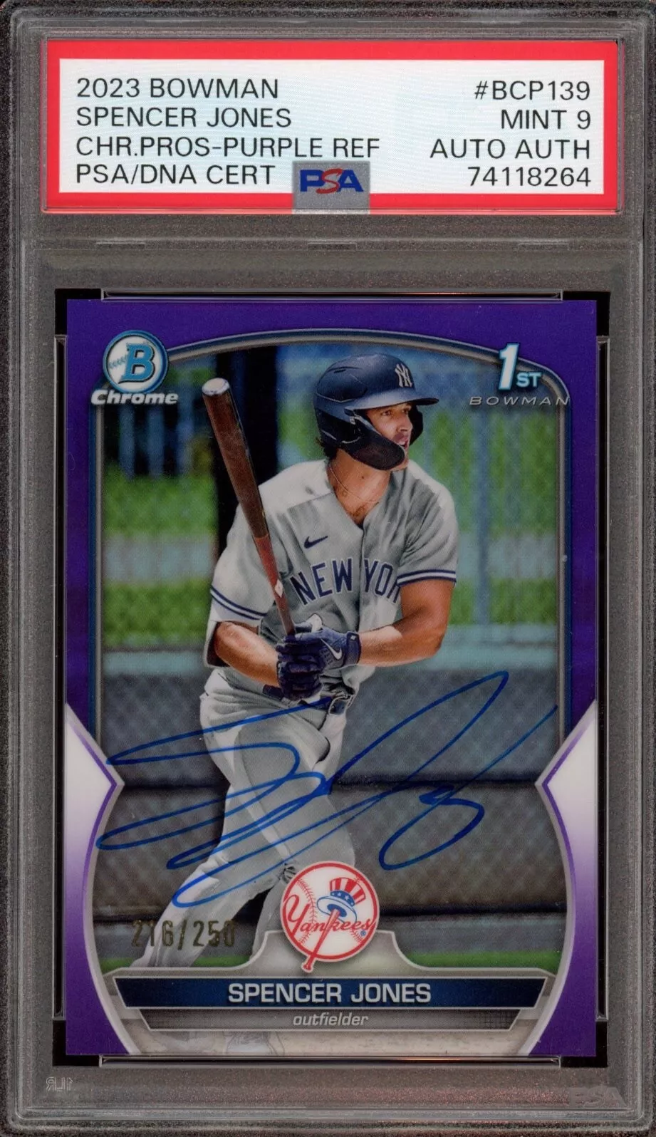 Spencer Jones 2023 Bowman Chrome Prospects Purple Refractor Auto /250 Psa MINT 9