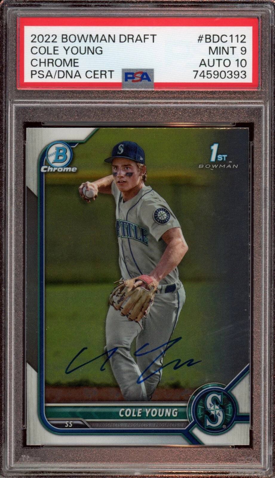 Cole Young 2022 Bowman Chrome Draft Auto Psa MINT 9/GEM MINT 10