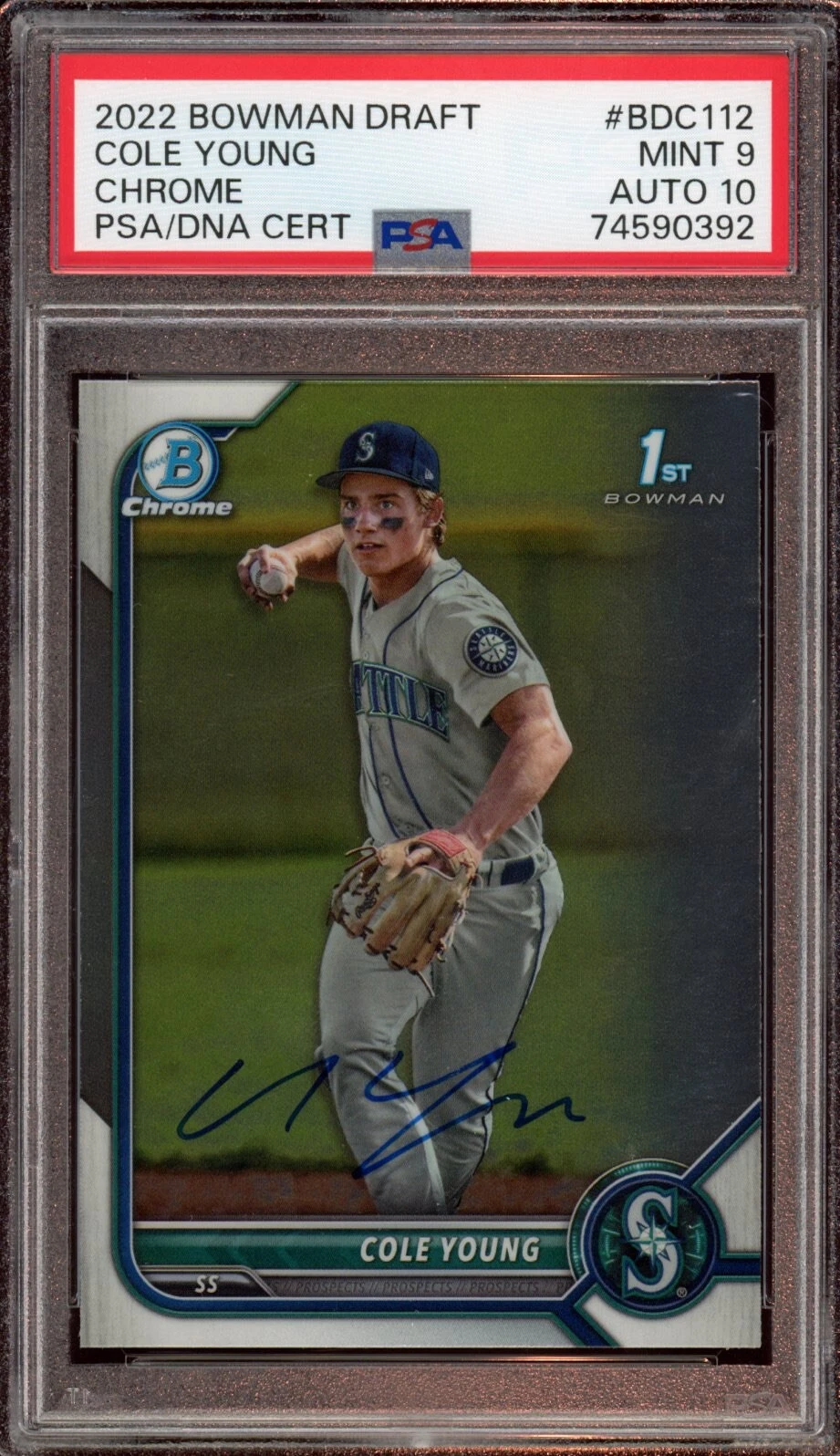 Cole Young 2022 Bowman Chrome Draft Auto Psa MINT 9/GEM MINT 10