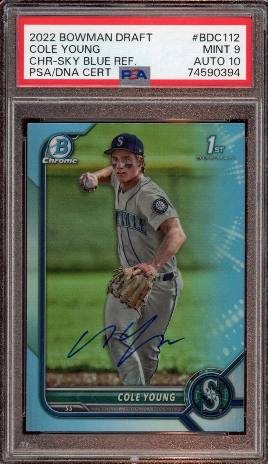 Cole Young 2022 Bowman Chrome Draft Sky Blue Refractor Auto Psa MINT 9/GEM MT 10