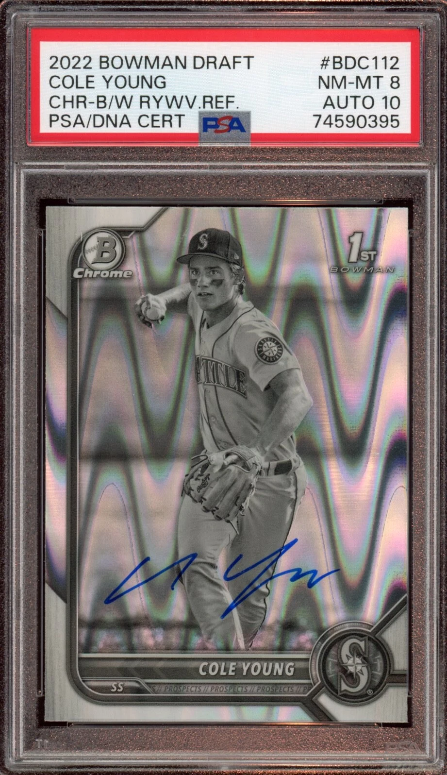 Cole Young 2022 Bowman Chrome Draft Black & White RayWave Auto Psa 8/GEM MT 10