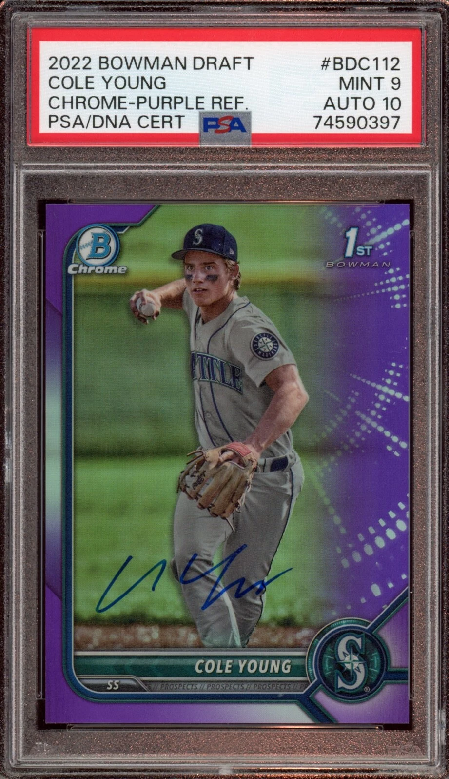 2022 Bowman Chrome Draft Cole Young Purple Refractor Auto /250 Psa MINT 9/GEM 10