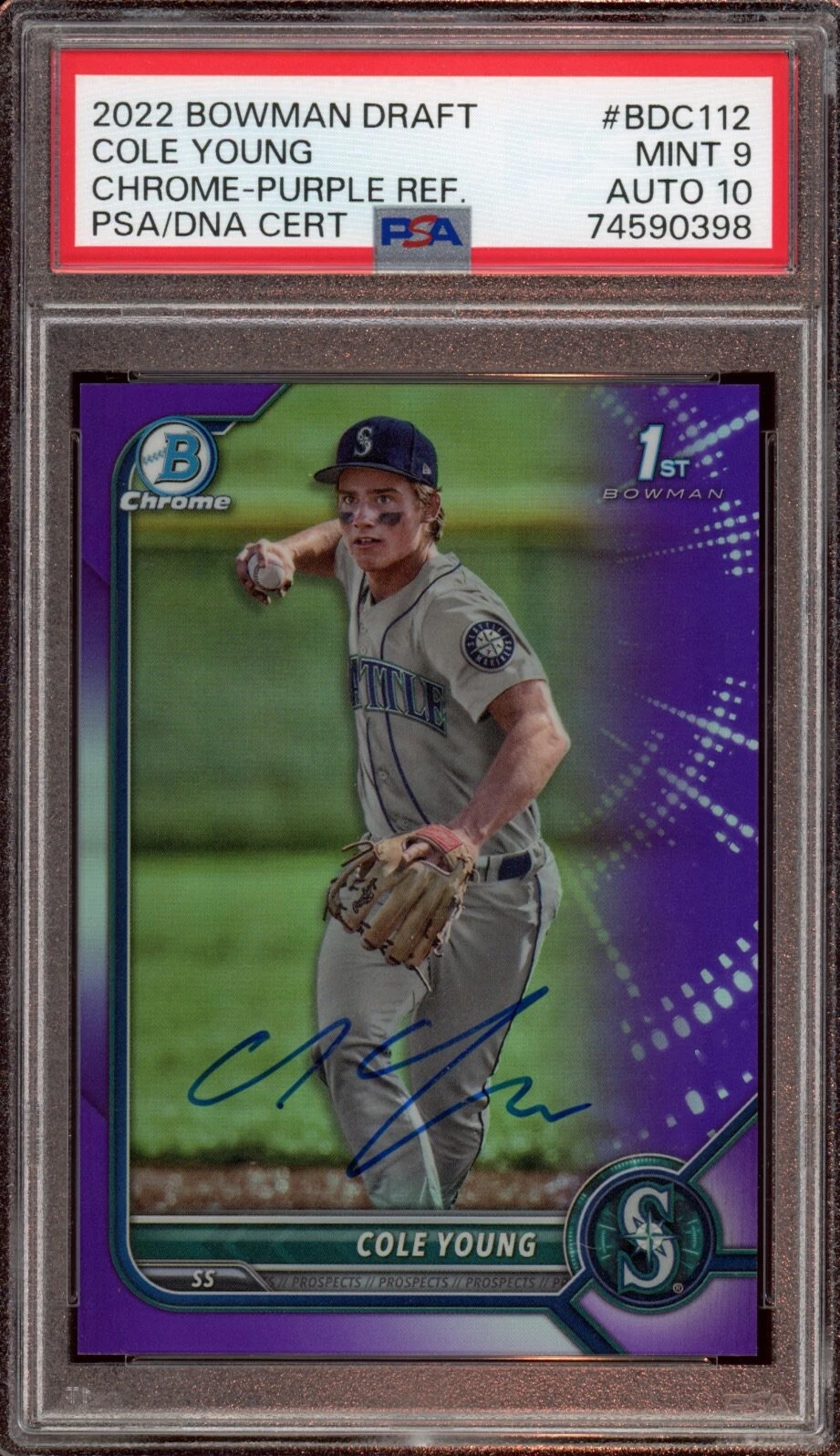 2022 Bowman Chrome Draft Cole Young Purple Refractor Auto /250 Psa MINT 9/GEM 10