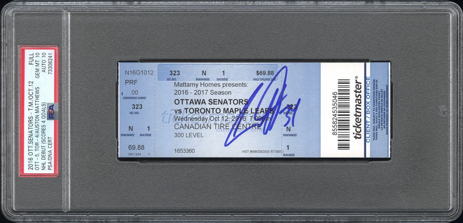 Auston Matthews Signed NHL DEBUT 4 Goals Full Ticket Stub Psa GEM MT 10/AUTO 10