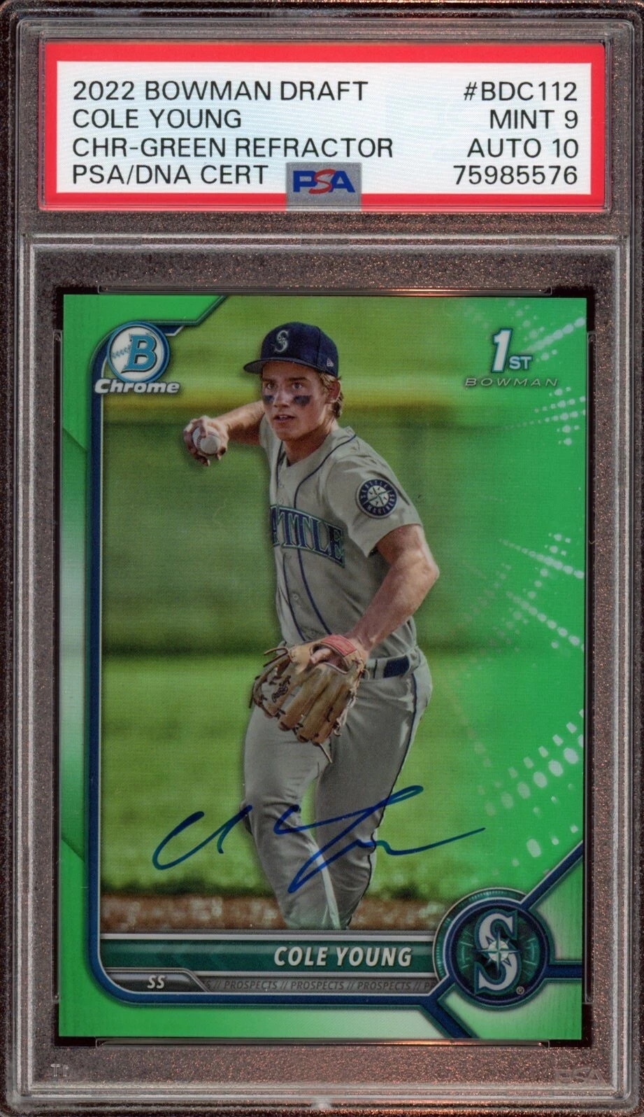 2022 Bowman Chrome Draft Cole Young Green Refractor Auto /99 Psa MINT 9/GEM 10