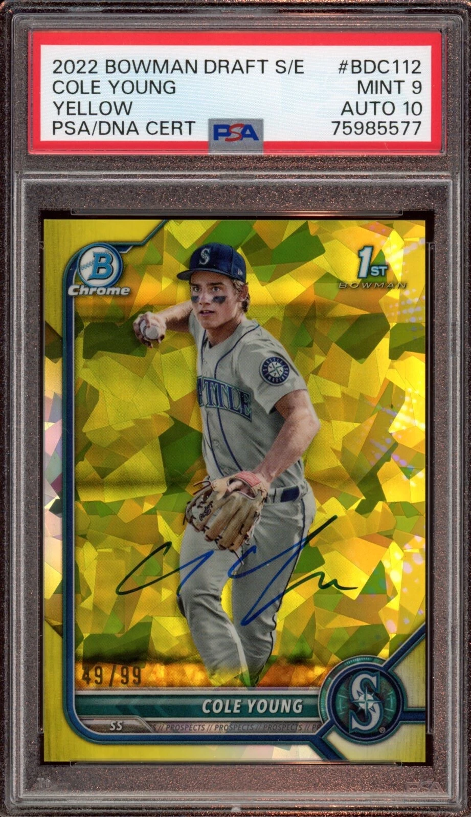 2022 Bowman Chrome Draft Cole Young Yellow Sapphire Auto /99 Psa MINT 9/GEM 10