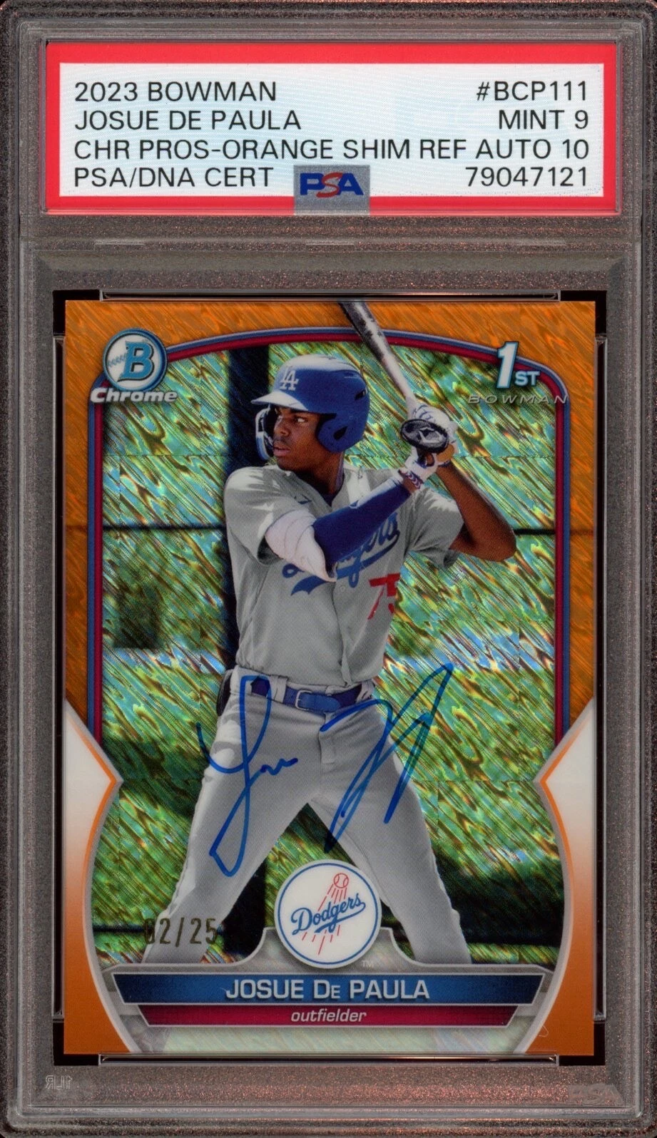Josue De Paula 2023 Bowman Chrome Auto Orange Shimmer Ref /25 Psa MINT 9/GEM 10
