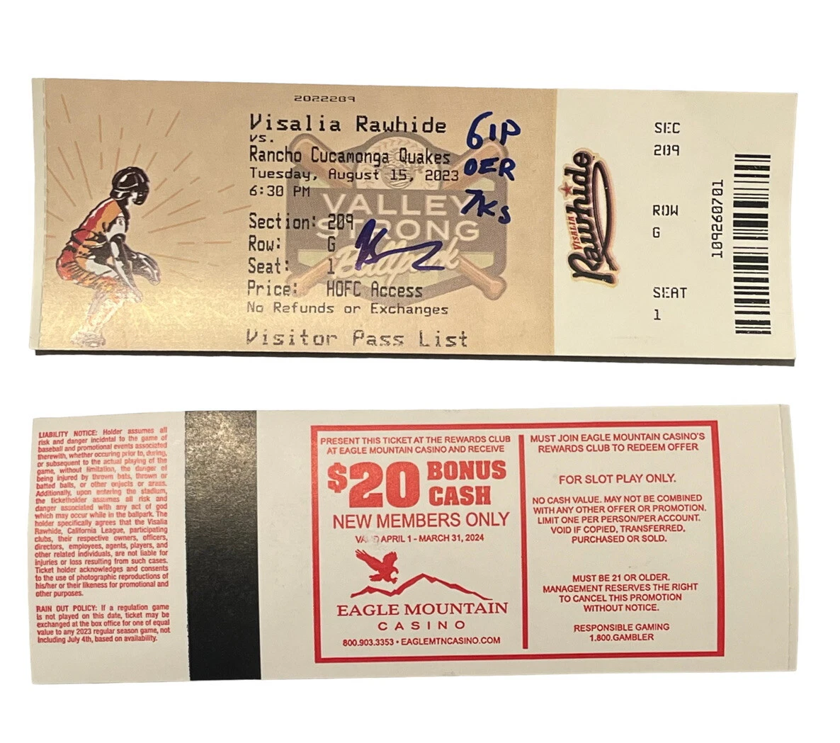 Jacob Steinmetz Signed Ticket Stub 6IP 0ER 7Ks Visalia Rawhide Dbacks 8/15/23