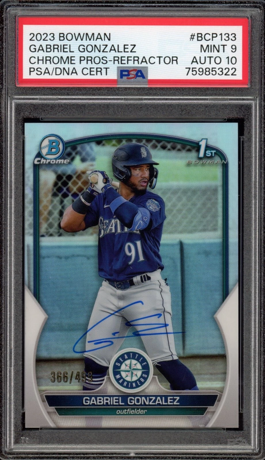 Gabriel Gonzalez 2023 Bowman Chrome Refractor Auto /499 Psa MINT 9/GEM MINT 10