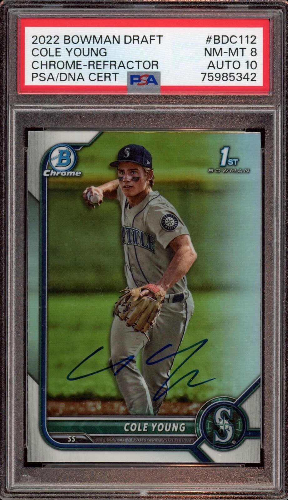 Cole Young 2022 Bowman Chrome Draft Refractor Auto Psa NM-MT 8/GEM MINT 10