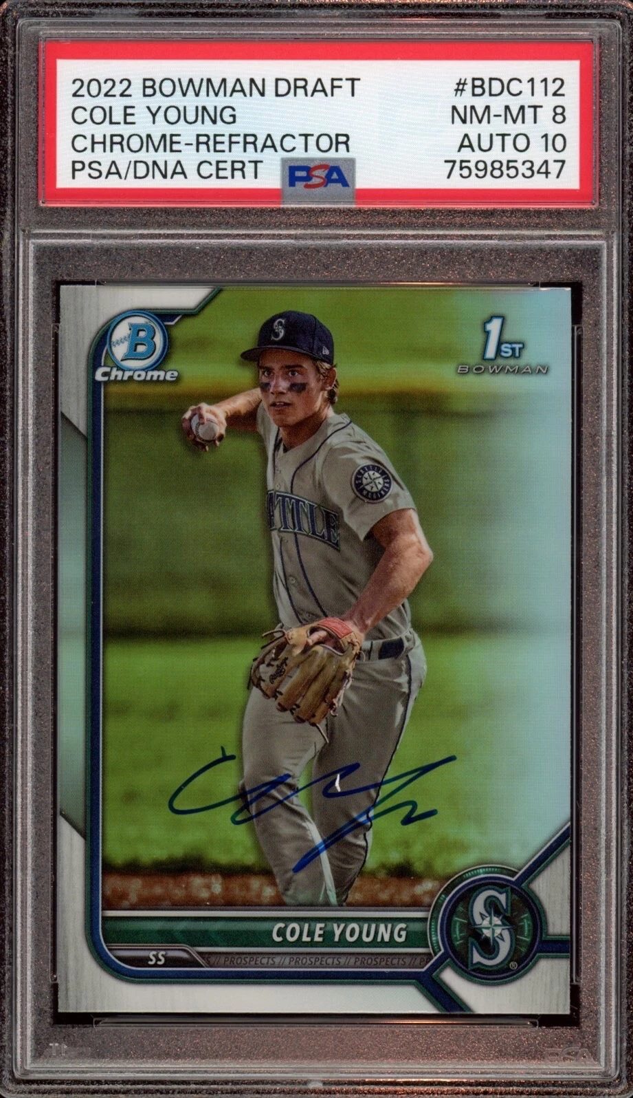 Cole Young 2022 Bowman Chrome Draft Refractor Auto Psa NM-MT 8/GEM MINT 10