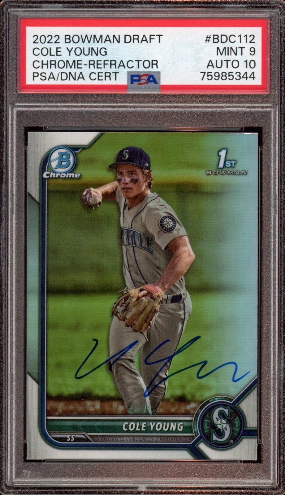 Cole Young 2022 Bowman Chrome Draft Refractor Auto Psa MINT 9/GEM MINT 10