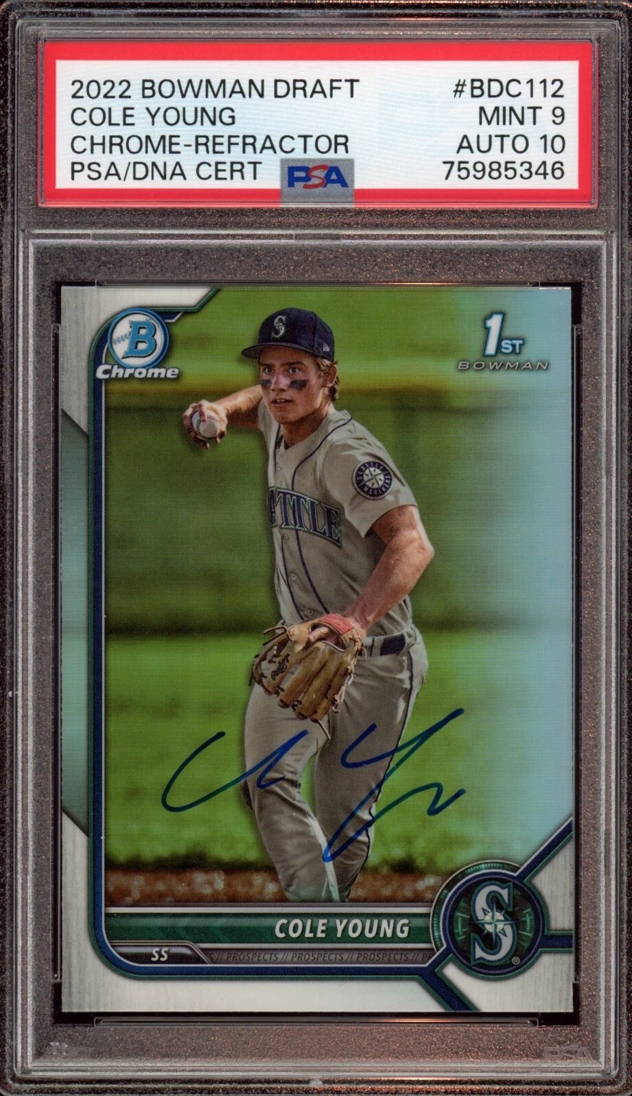 Cole Young 2022 Bowman Chrome Draft Refractor Auto Psa MINT 9/GEM MINT 10