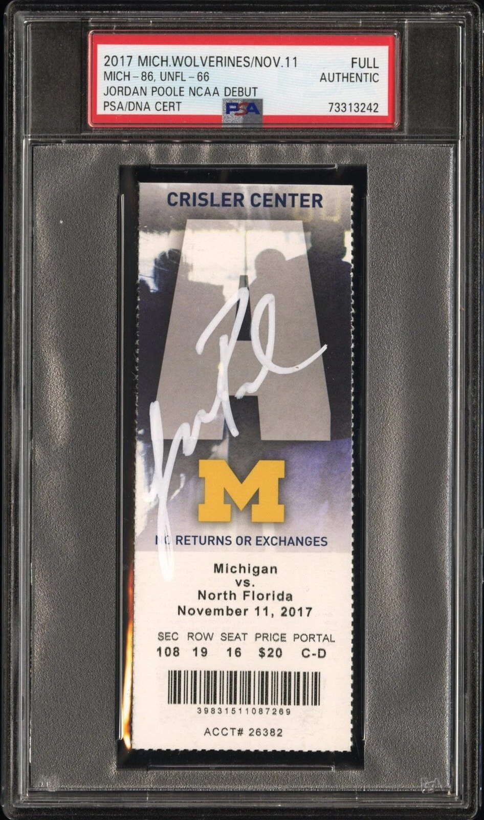 Jordan Poole Signed NCAA DEBUT Full Ticket Stub Auto Psa Michigan 11/11/2017