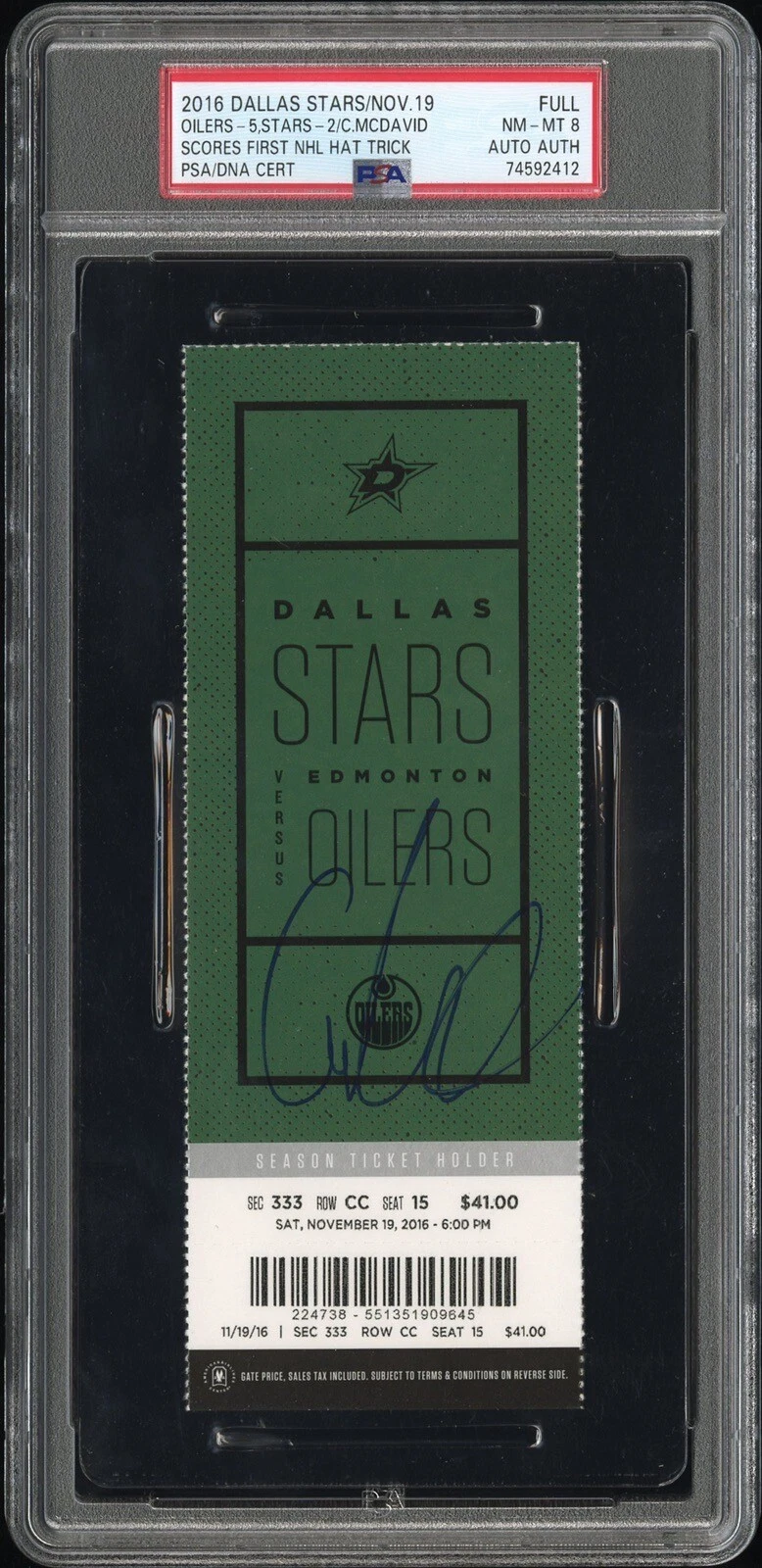 Connor McDavid Signed 1st NHL Hat Trick Full Ticket Stub Psa NM-MT 8 11/19/2016