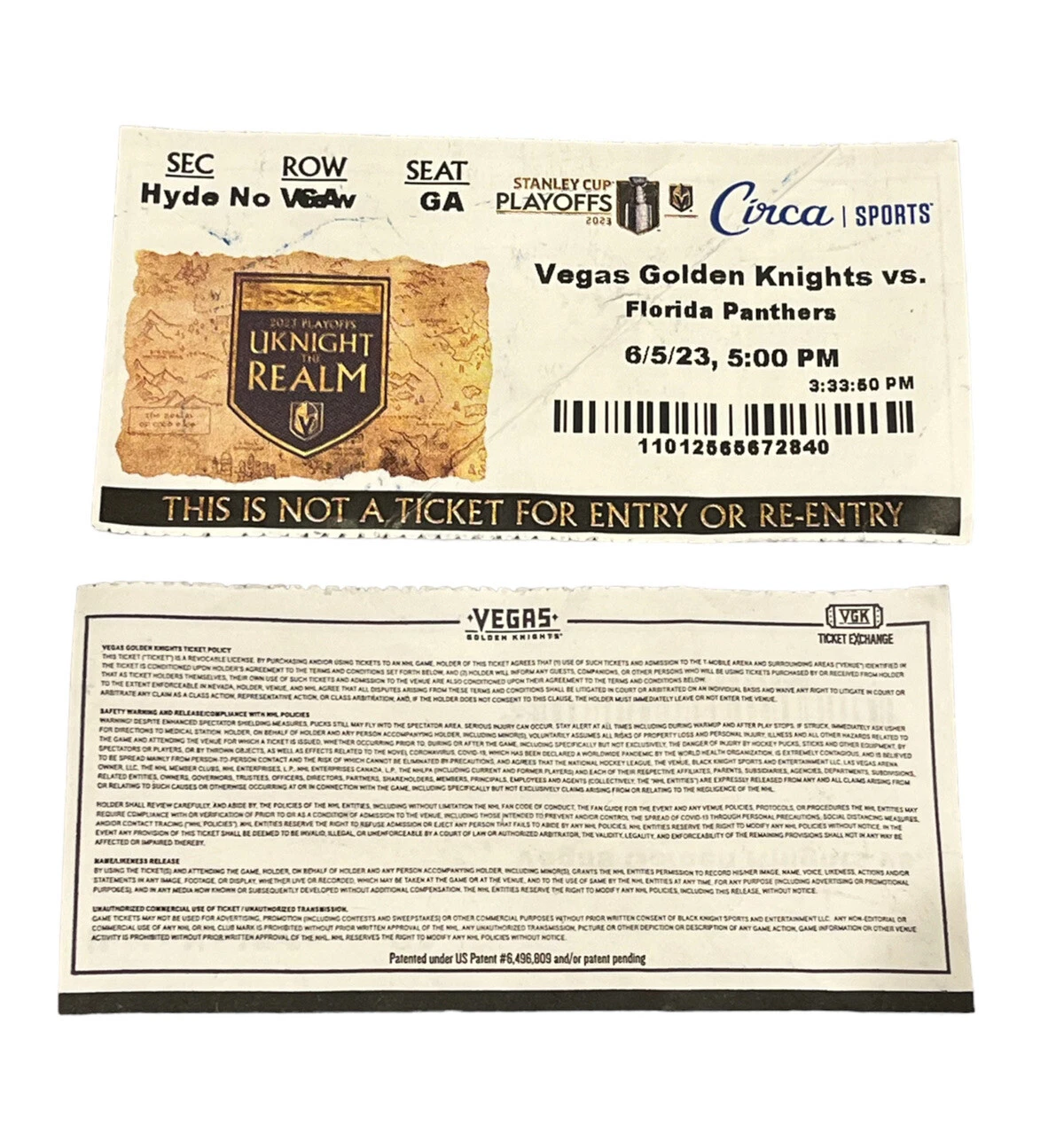 2023 STANLEY CUP FINAL GAME 2 SEAT LOCATOR TICKET VEGAS GOLDEN KNIGHTS CHAMPIONS COLLECTIBLE MEMORABILIA