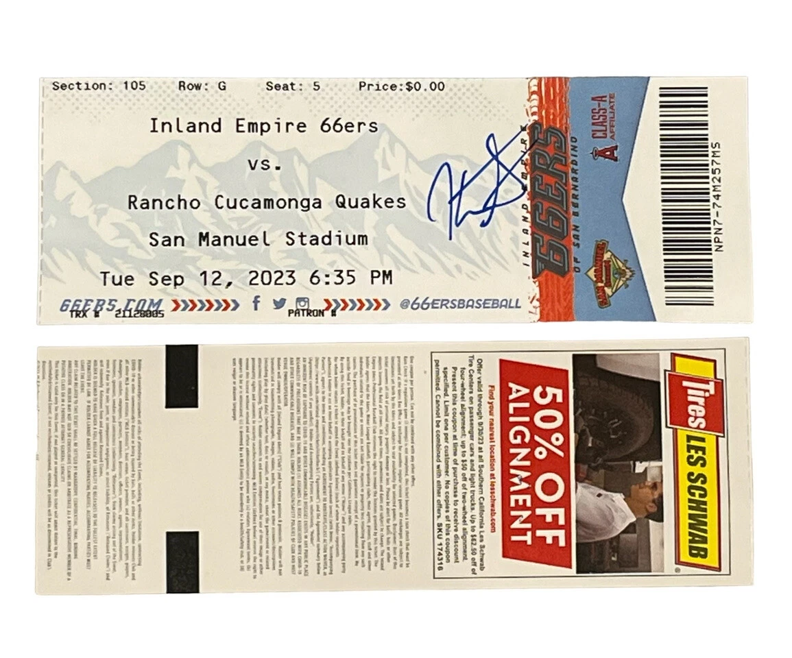 Kendall George Signed Auto Ticket Stub 2023 MLB Draft Quakes Dodgers Prospect