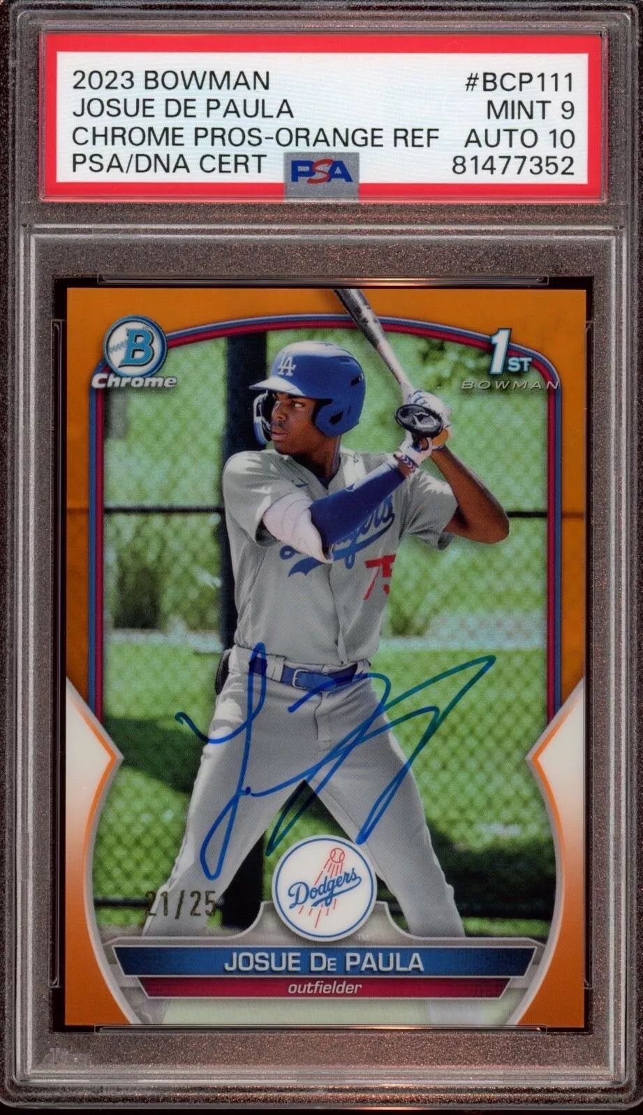 Josue De Paula 2023 Bowman Chrome Orange Refractor Auto /25 Psa MINT 9/GEM MT 10
