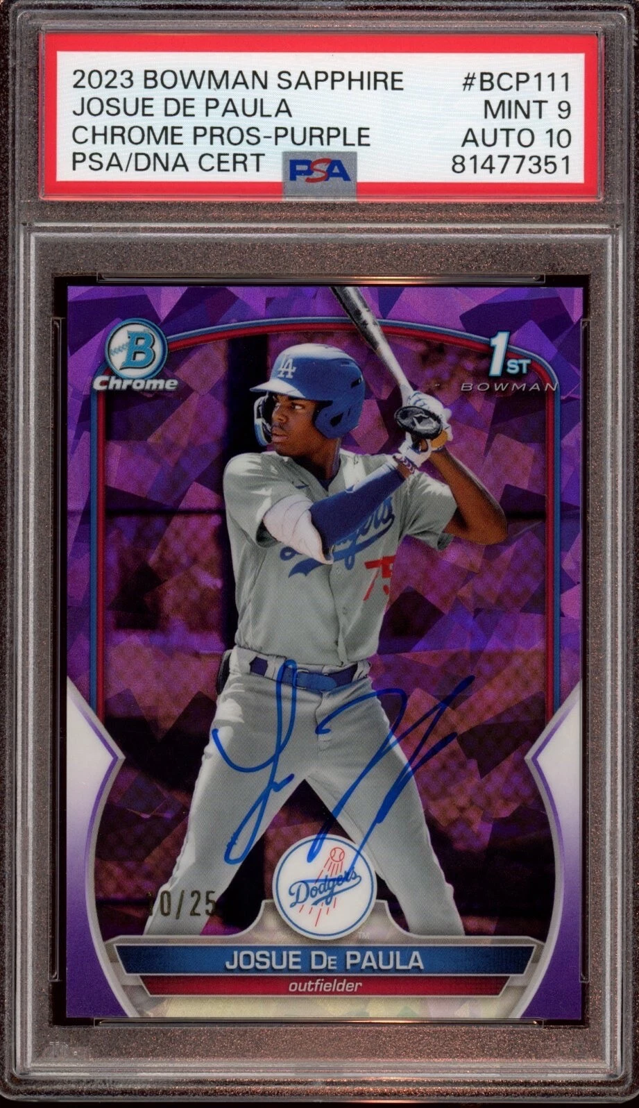 Josue De Paula 2023 Bowman Chrome Purple Sapphire Auto /25 Psa MINT 9/GEM MT 10