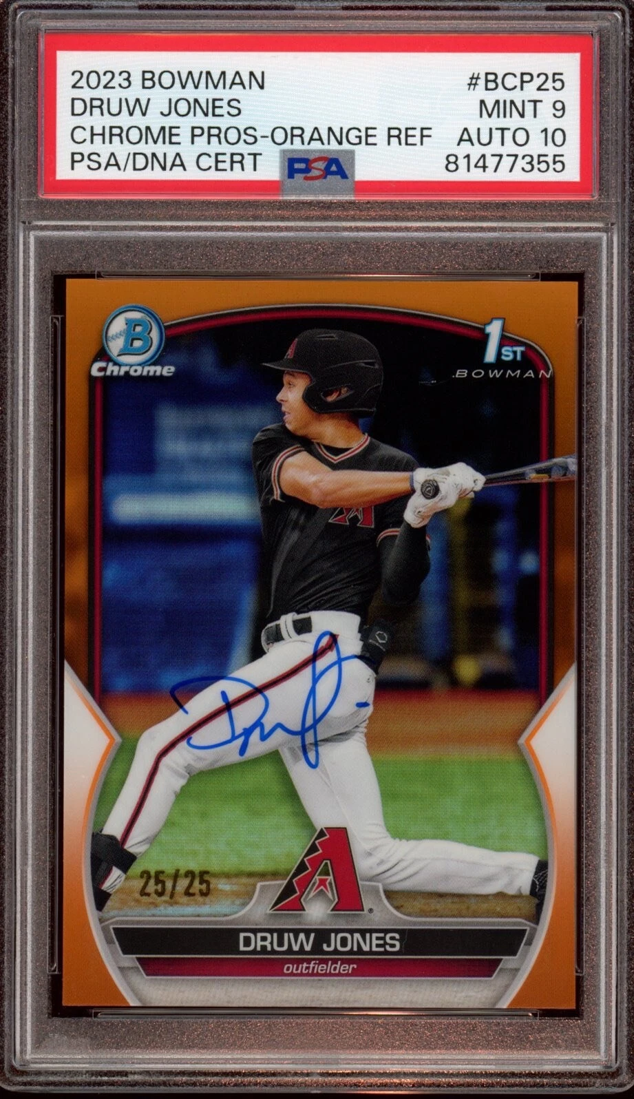 2023 Bowman Chrome Druw Jones Orange Refractor Auto /25 Psa MINT 9/GEM MINT 10