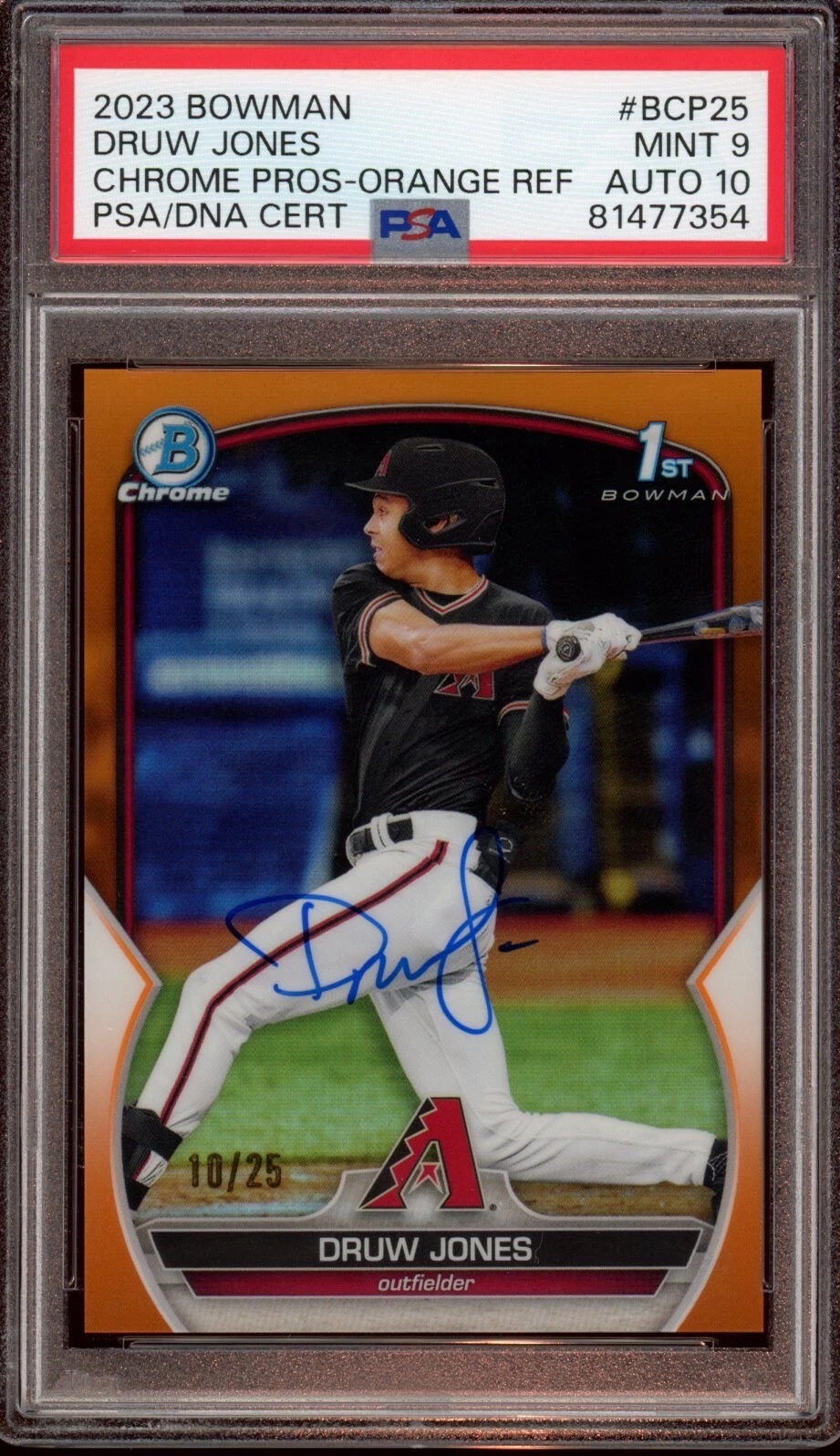 2023 Bowman Chrome Druw Jones Orange Refractor Auto /25 Psa MINT 9/GEM MINT 10