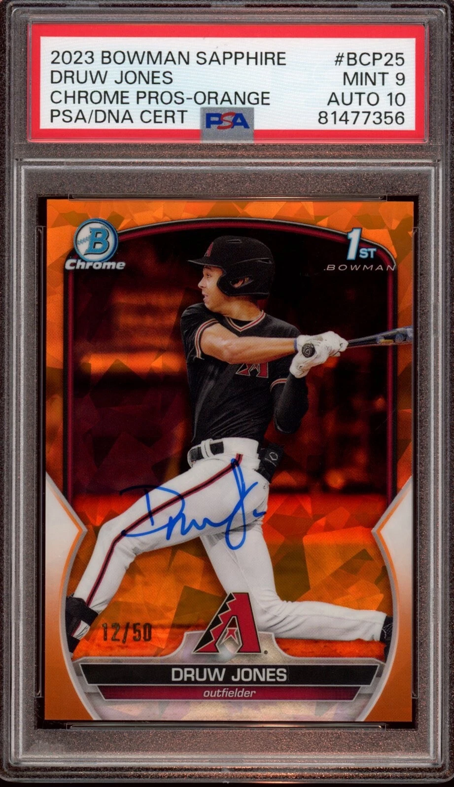 2023 Bowman Chrome Druw Jones Orange Sapphire Auto /50 Psa MINT 9/GEM MINT 10