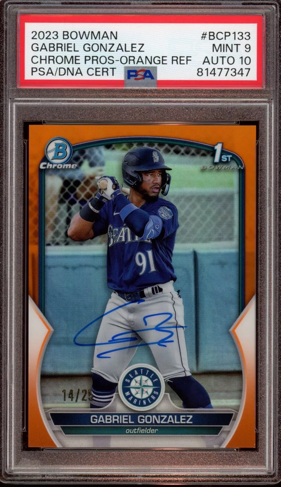 Gabriel Gonzalez 2023 Bowman Chrome Orange Refractor Auto /25 Psa MINT 9/GEM 10