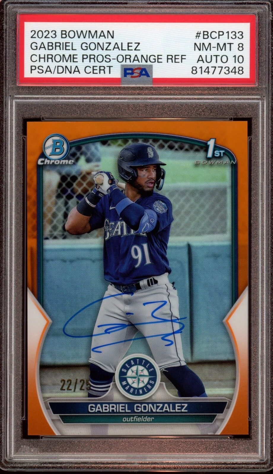 Gabriel Gonzalez 2023 Bowman Chrome Orange Refractor Auto /25 Psa NM-MT 8/GEM 10
