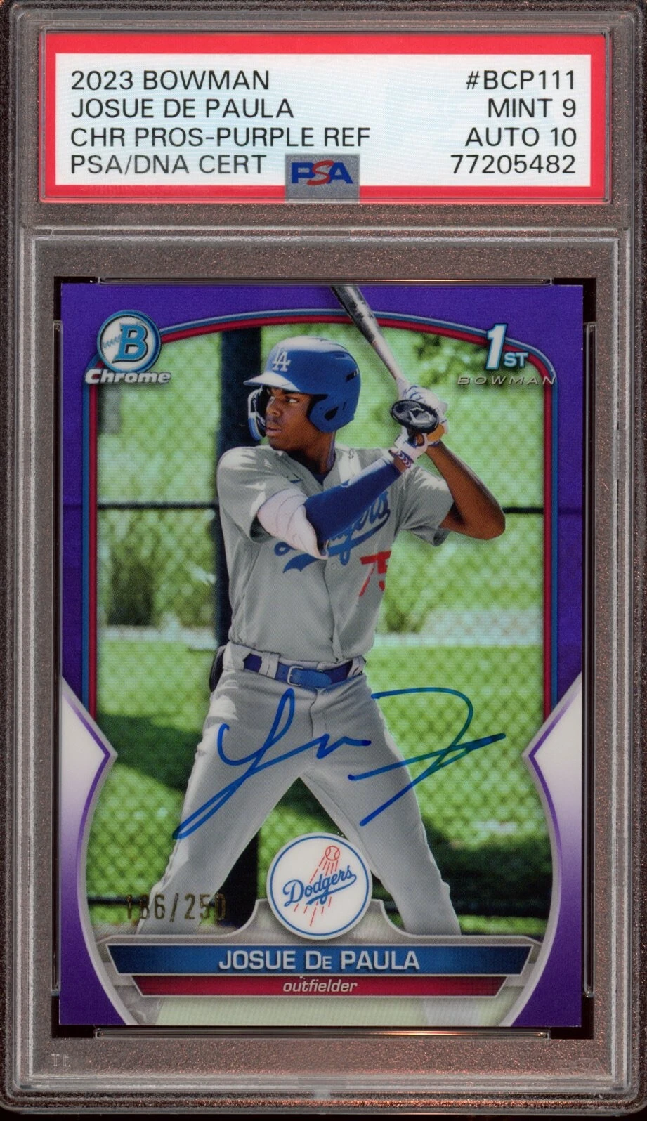 Josue De Paula 2023 Bowman Chrome Purple Refractor Auto /250 Psa MINT 9/GEM 10